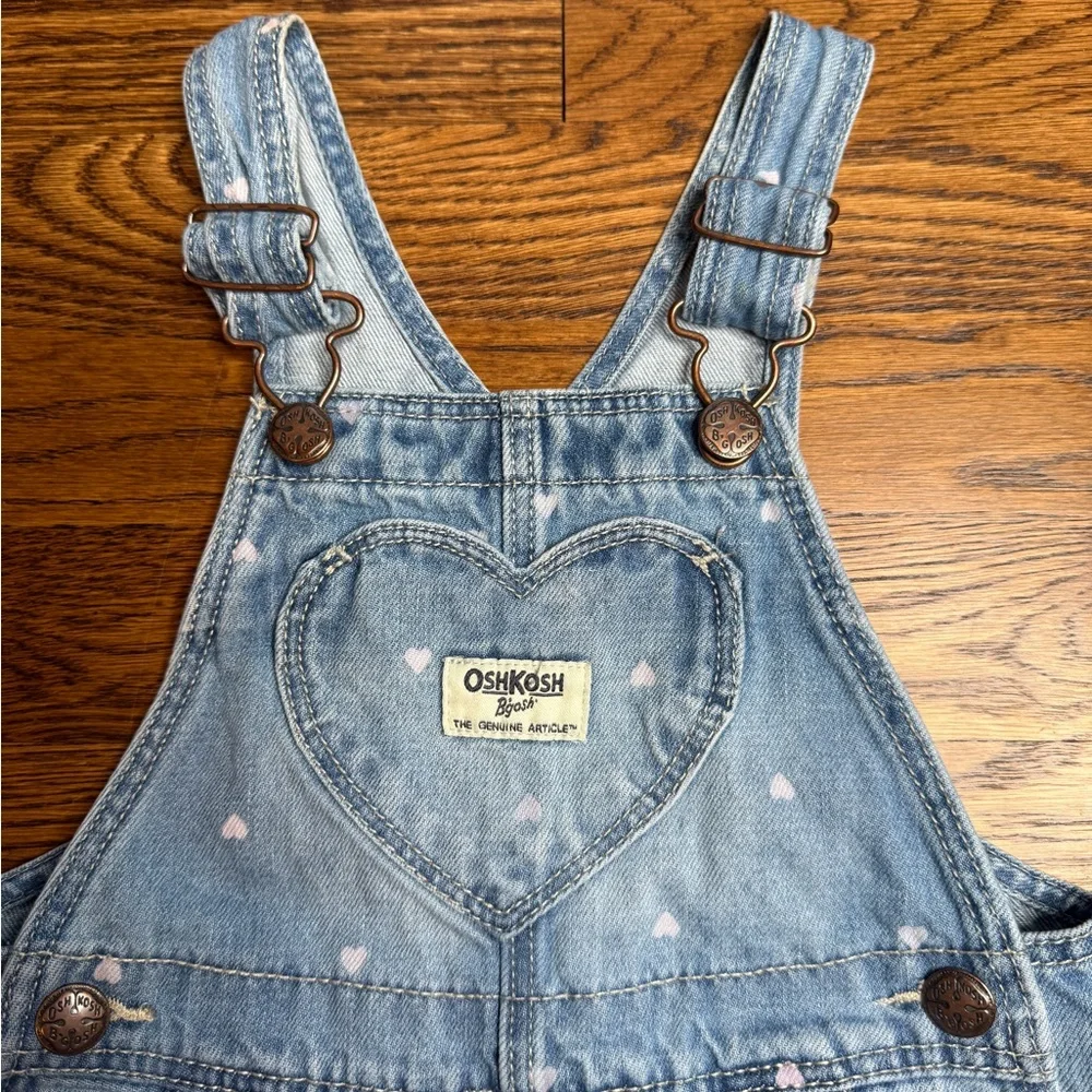 OshKosh B'gosh Girls Light Blue Denim Overalls Pink Hearts Prints Valentine’s 2T